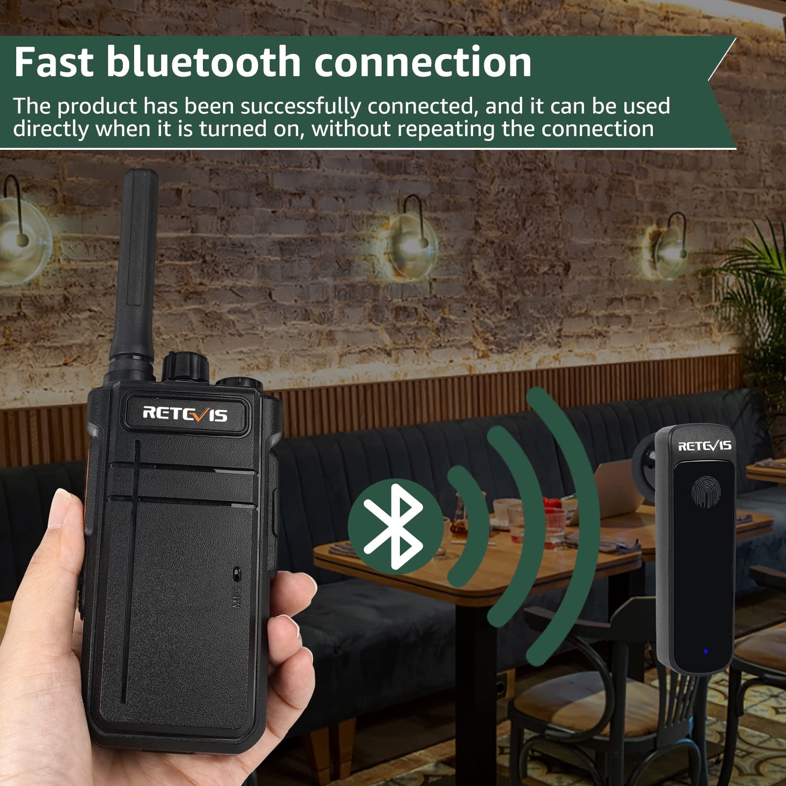 Retevis RB637 Bluetooth Walkie Talkie, Radio de Dos Vías con Auriculares | Tipo-C 2000mAh, VOX, Linterna, Copia Inalámbrica, PMR Walkie Talkie para el Restaurante (Negro, 2Pcs)