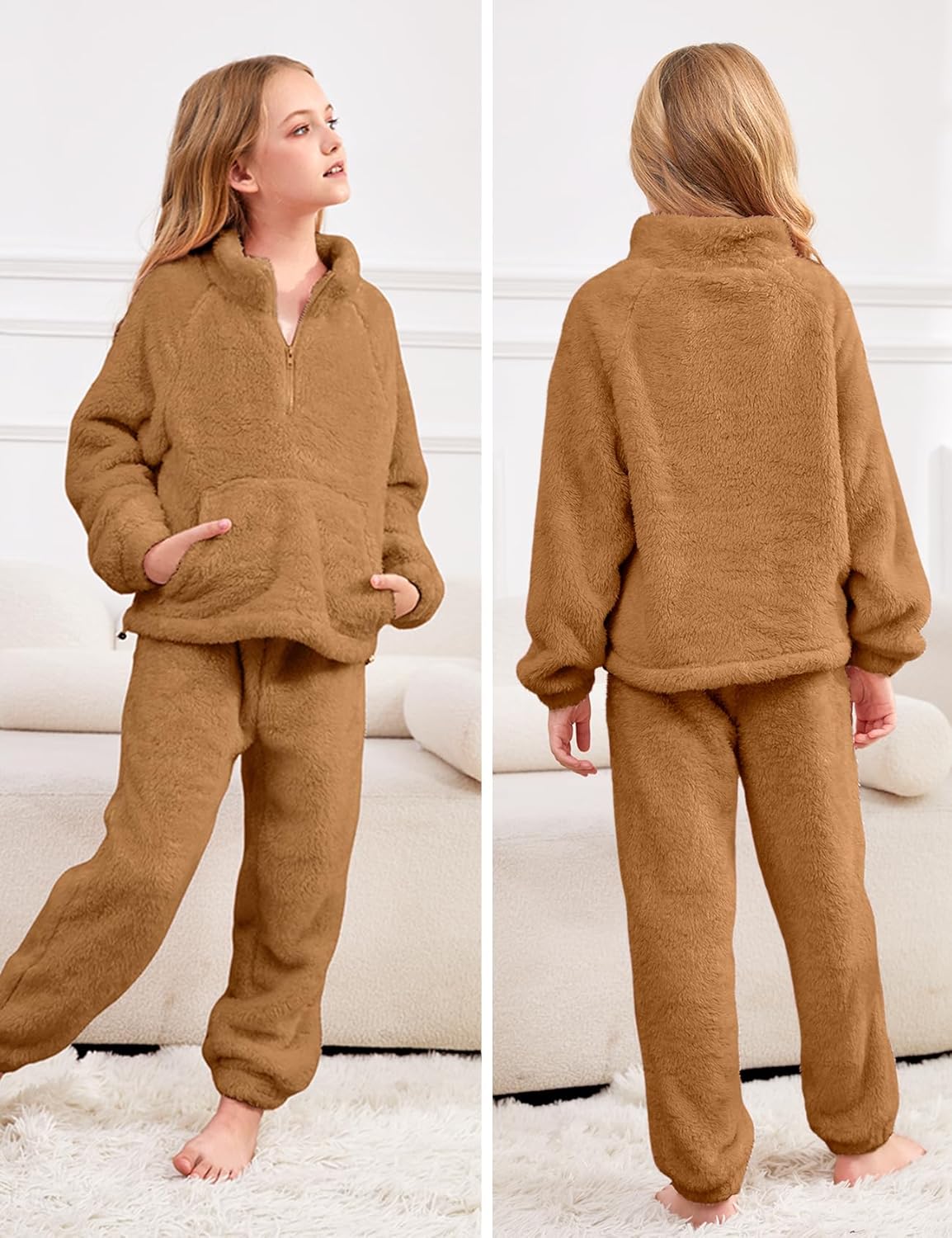 Yimoon Girls Fleece Pants Set Fuzzy 2 Piece Outfits Quarter-Zip Sweatshirt Pants Fall Winter Girls Clothing Set - Image 6