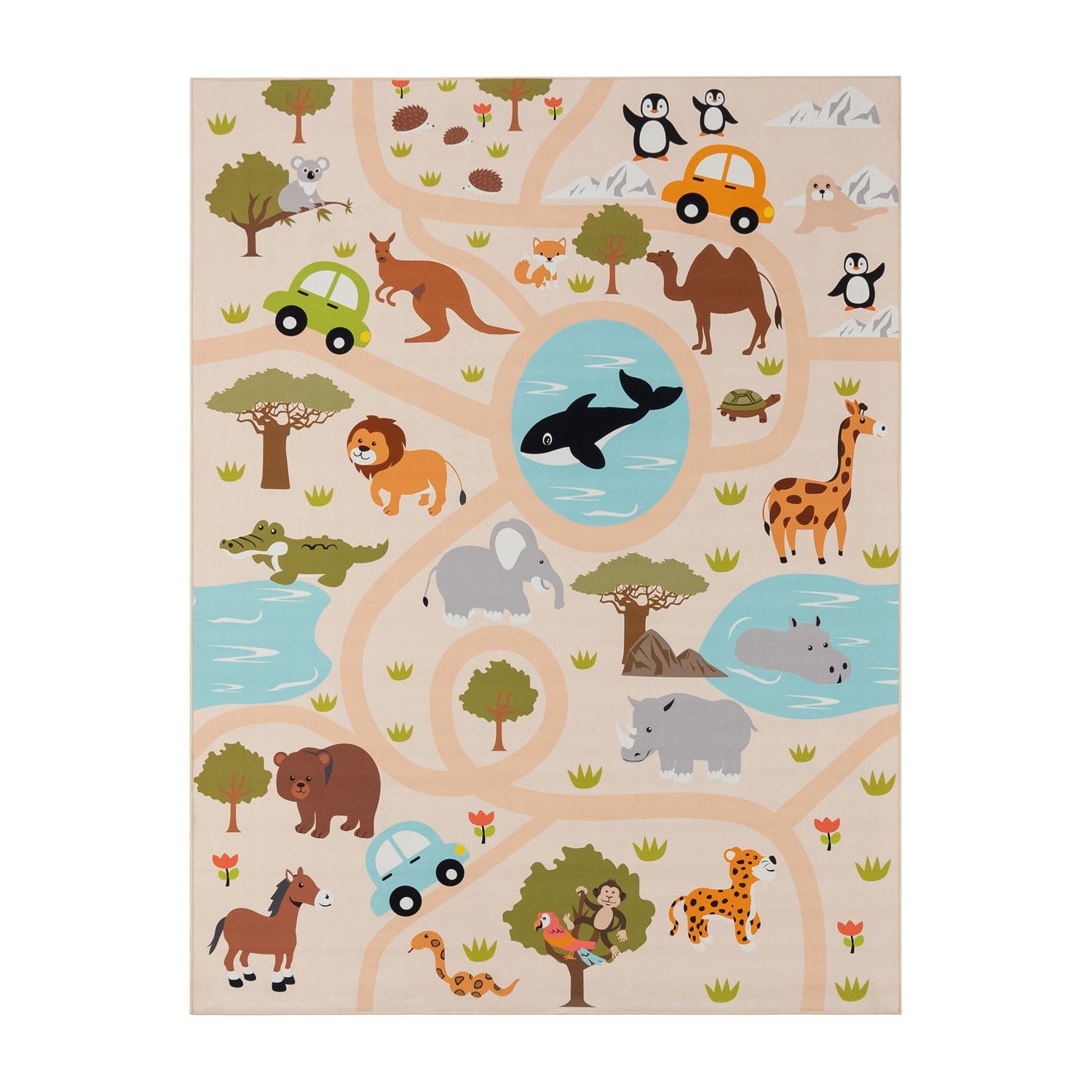TT Home Kinderteppich Babyzimmer Teppich Kinderzimmer rutschfest Tiere Weltkarte Autos, Farbe:Grün Gelb Creme, Größe:140x200 cm
