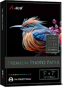 A-SUB Premium Photo Paper Satin 5x7 Inch 72lb for Inkjet Printers 50 Sheets, Single Sided