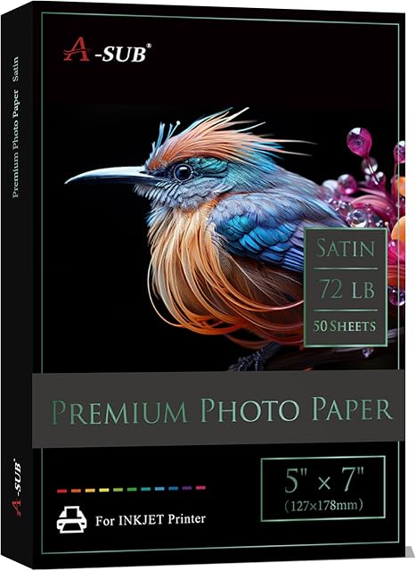 A-SUB Premium Photo Paper Satin 5x7 Inch 72lb for Inkjet Printers 50 Sheets, Single Sided