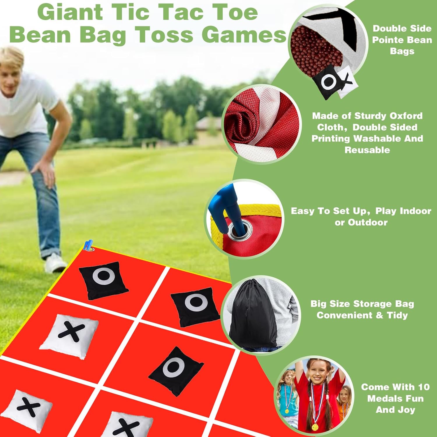 Giant Tic Tac Toe Strap Game Outdoor, Portable Tic Tac Toe Bean Bag Toss with 10pcs Bean Bag, Large Outdoor Lawn Yard Backyard Carnival Field Day, Jumbo Yard Games for Family