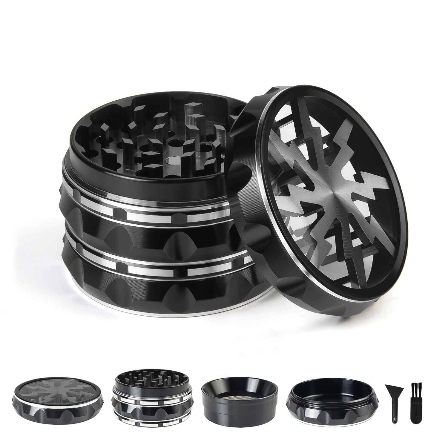 Clear Top Herb Grinder Metal Large 2.5'' Large 4-Part, Aluminum Alloy Spice Grinder with Pollen Scraper and Cleaning Brush