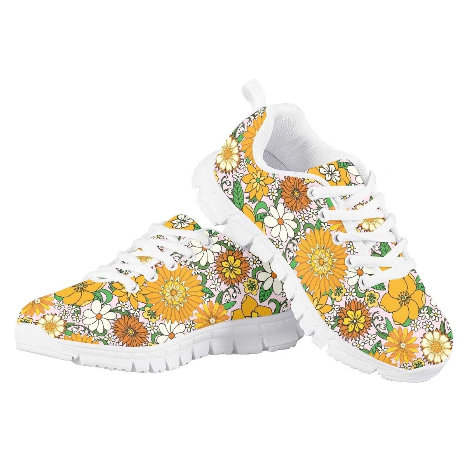 GIFTPUZZ Yellow White Flower Walking Shoes for Kids Non Slip Breathable Lightweight Sneakers Athletic Tennis Shoes Running Shoes for Gym Travel Jogging Hiking Size 13
