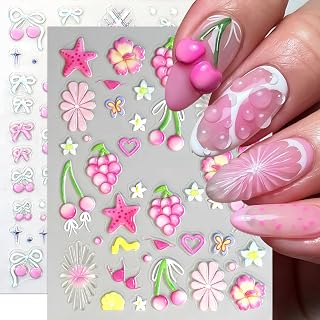 2Pcs Pink Cherry Bow Nail Art Stickers Heart Nail Decals 5D Embossed Hawaiian Flower Self Adhesive Bow Nail Stickers Jelly Starfish Embossed Grapes Nail Design Manicure Supplies Decoration for Women