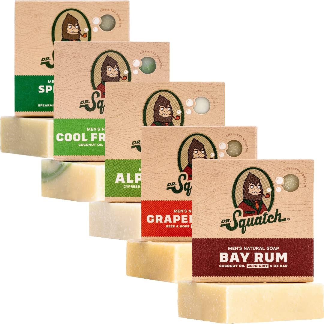 Dr. Squatch All Natural Bar Soap For Men, 5 Bar Variety Pack - Aloe, Alpine Sage, Spearmin, Bay Rum And Grapefruit Ipa 5 Ounce (Pack Of 5) Aloe/Alpine Sage/Spearmint/Bay Rum/Grapefruit Ipa