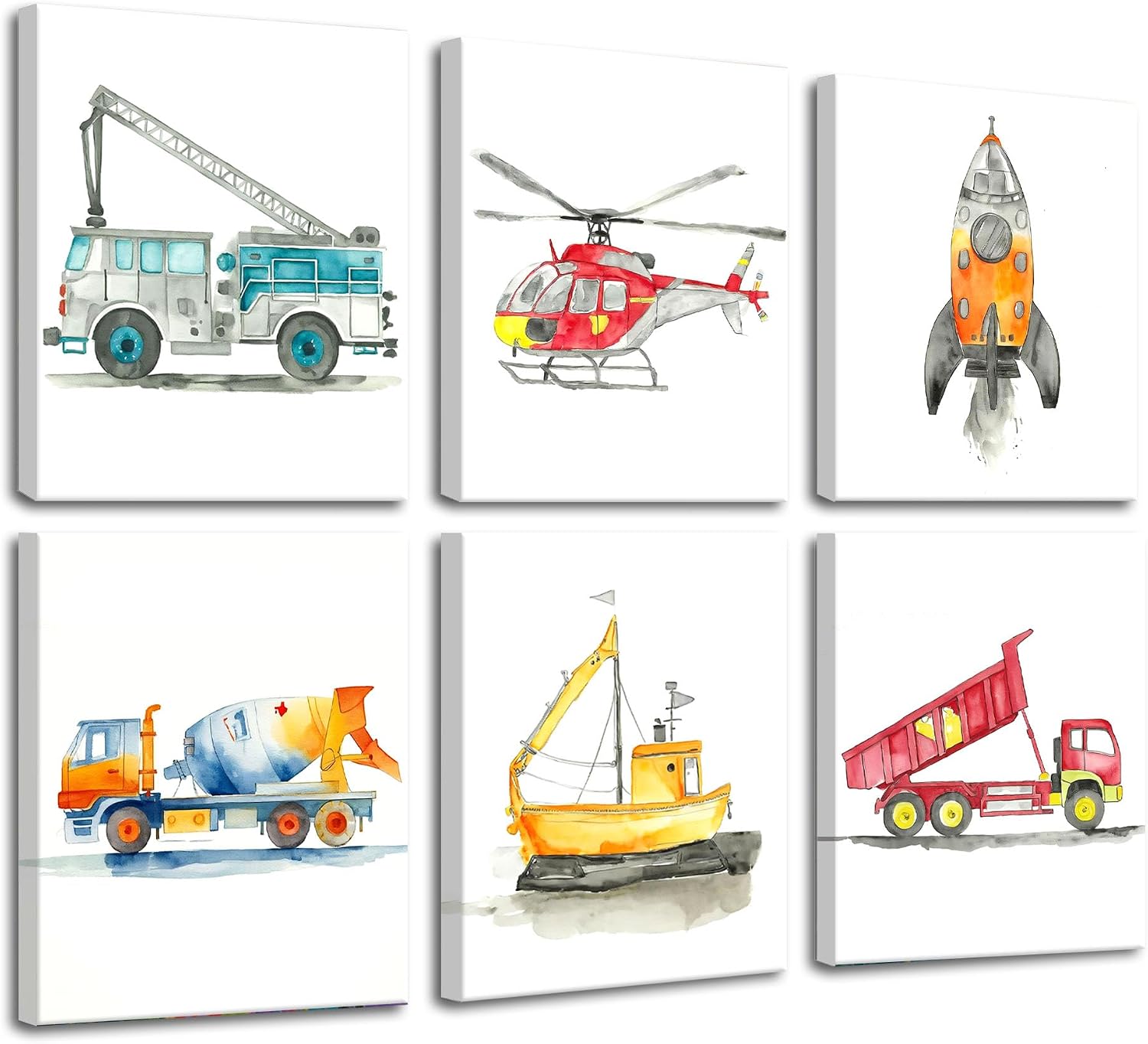 Frimeeme Construction Vehicle Canvas Decor,Boys Truck Wall Art, Watercolor Playroom Pictures, Set of 6, 8x10 Inch Unframed