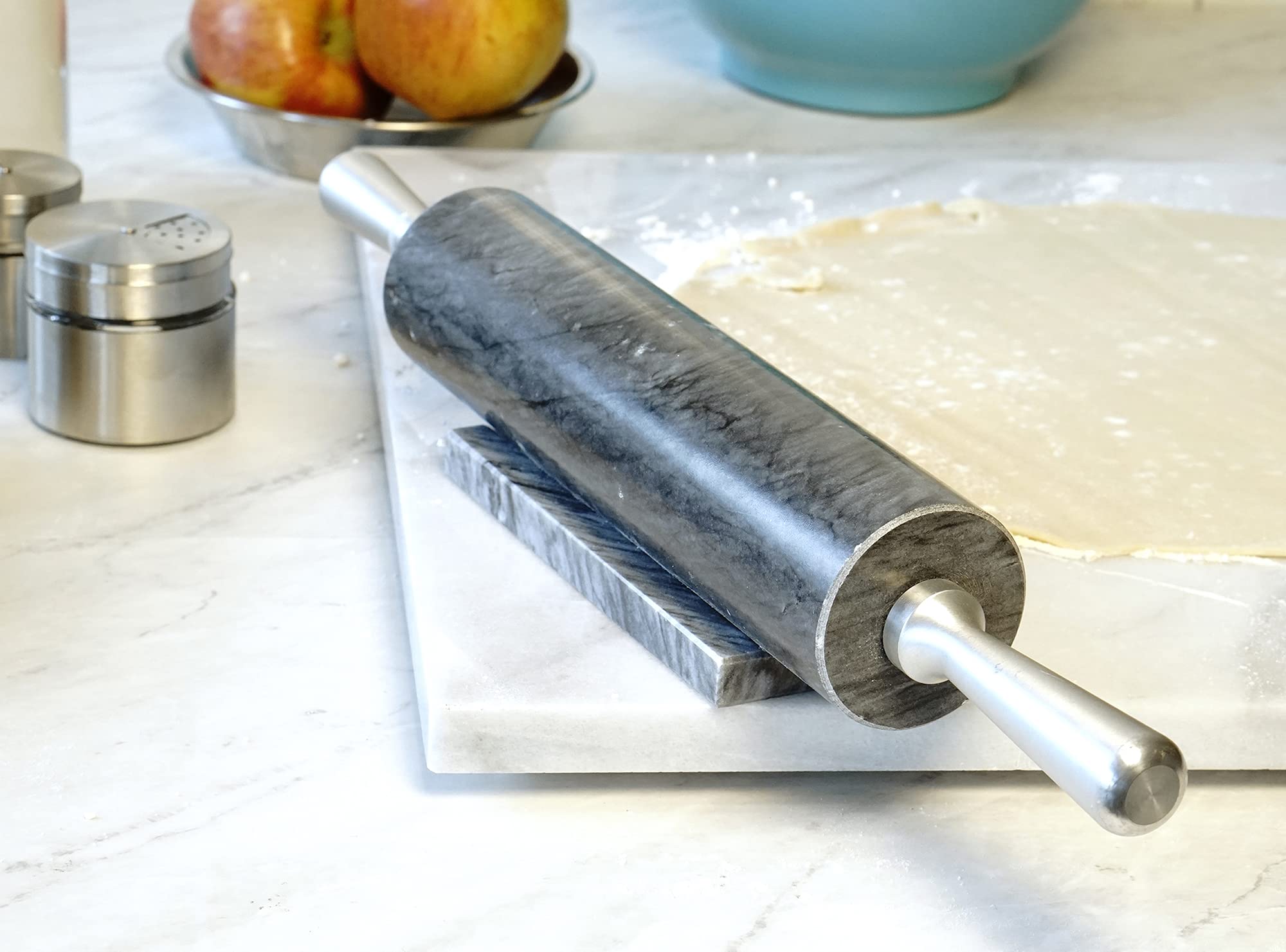 RSVP International Rodillo de mármol gris para hornear y soporte, 10 pulgadas | diseñado para mantener la masa de pastelería fría | fondant, corteza de pasteles, galletas, pasteles, pasta, masa de pizza, galletas