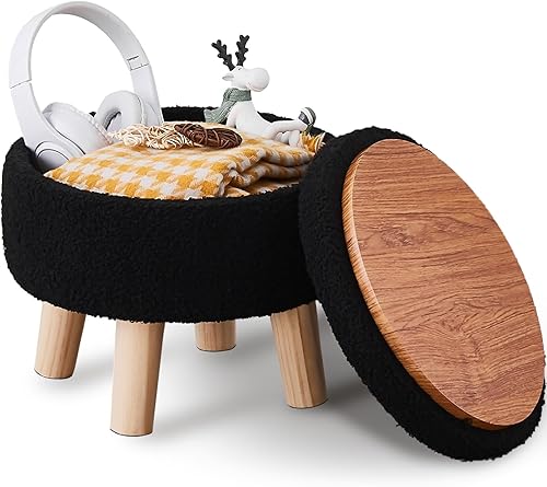 Wimarsbon Otomana de almacenamiento, moderno reposapiés redondo con asiento acolchado suave, reposapiés de terciopelo de peluche con patas de