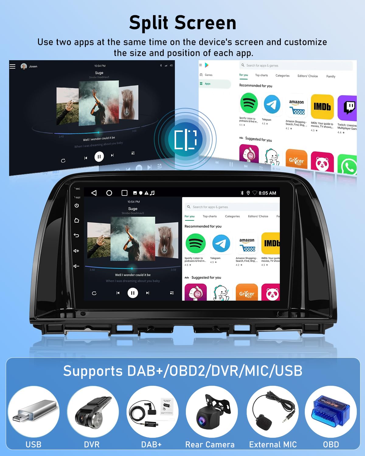 NHOPEEW Radio para Coche 2G+64G con Android para Mazda CX-5 2012-2016 - Carplay inalámbrico y Android Auto WiFi EQ GPS FM RDS + cámara de Marcha atrás AHD