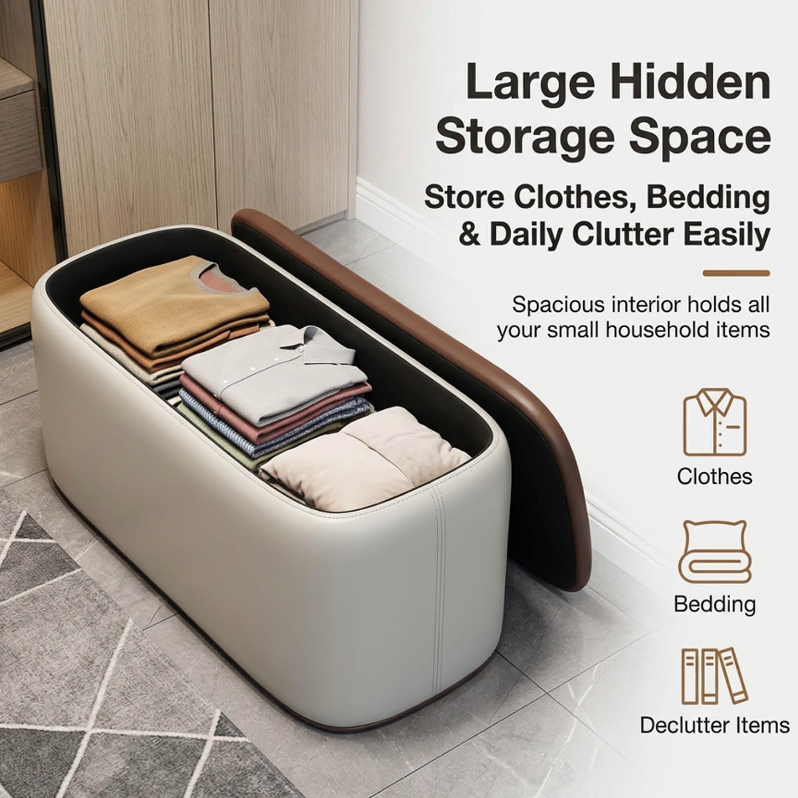 Sitzbank mit Stauraum, Elegante Truhenbank aus Echtem Nappa Leder mit Praktischem Trageriemen, Komfortable Polsterbank Bettbank und Fußhocker für Schlafzimmer Wohnzimmer(B,60cm/23.6in)