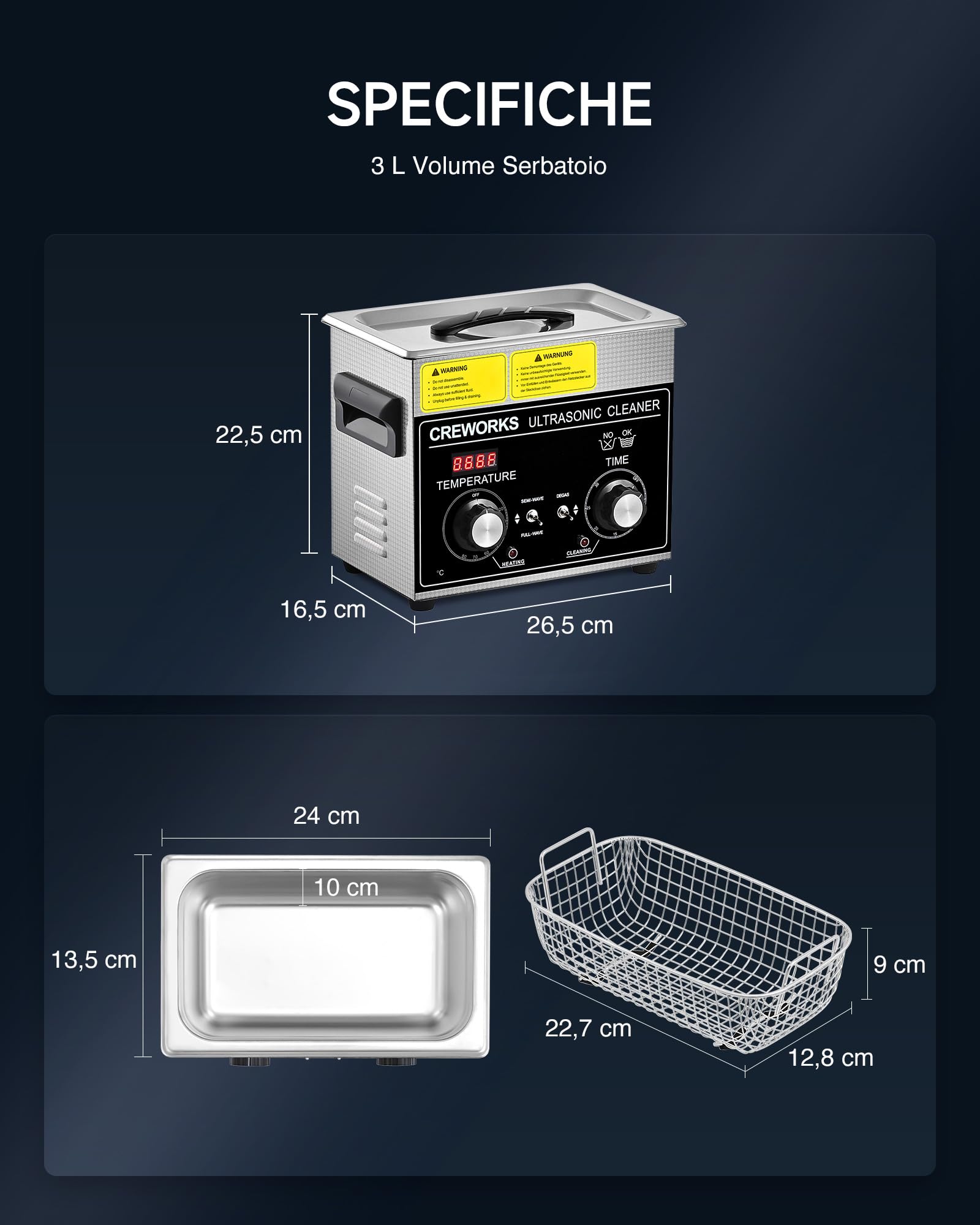 Pulitore Ultrasuoni 3L 120W Acciaio Inossidabile con Riscaldatore Timer Degas