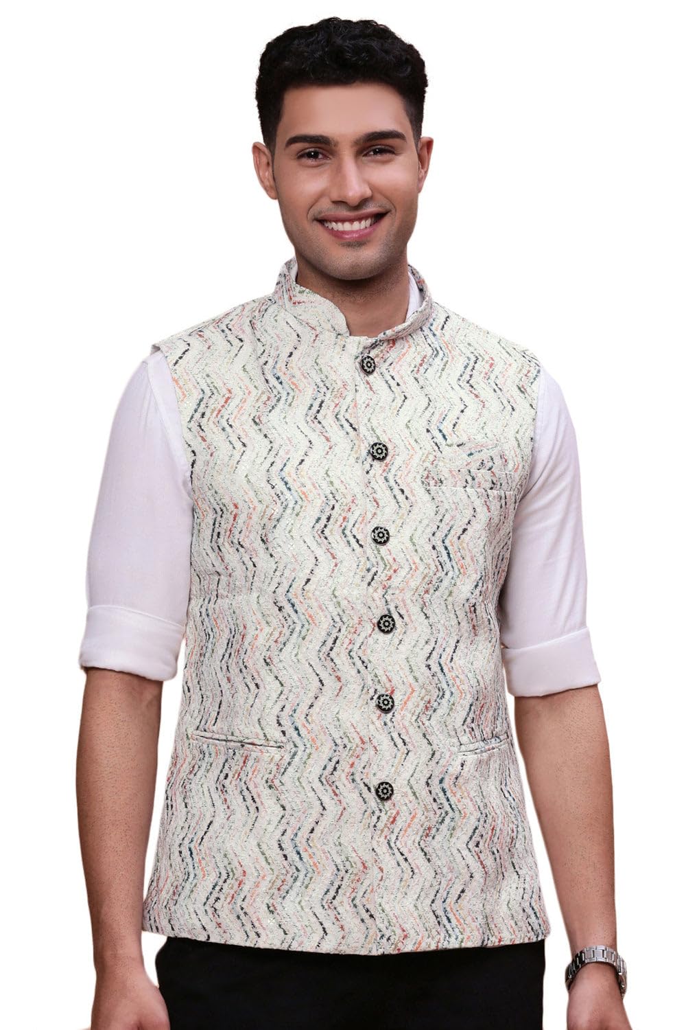 SHOWOFF Men's Embellished Cream Slim Fit Nehru Jacket-GE-5002-4_Cream-image-2
