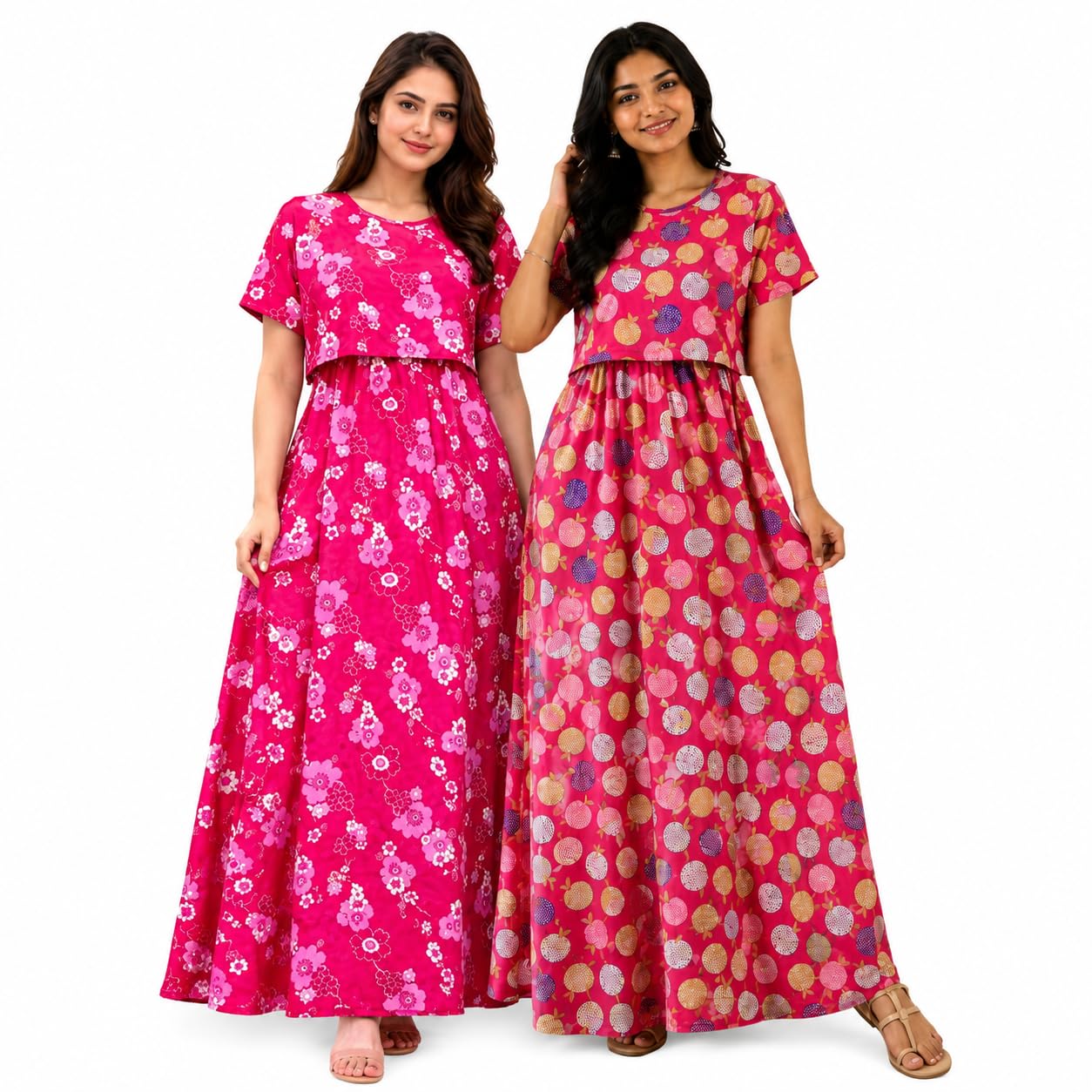 RENIS.Store Women's 100% Cotton Zipless Feeding Maternity Nighty Pack of 2 | Pull Up Nighty | Soft Pregnancy & Feeding Wear, Back Tie with Side Pocket | Pink Flower & Pink Apple | Size-M-image-36