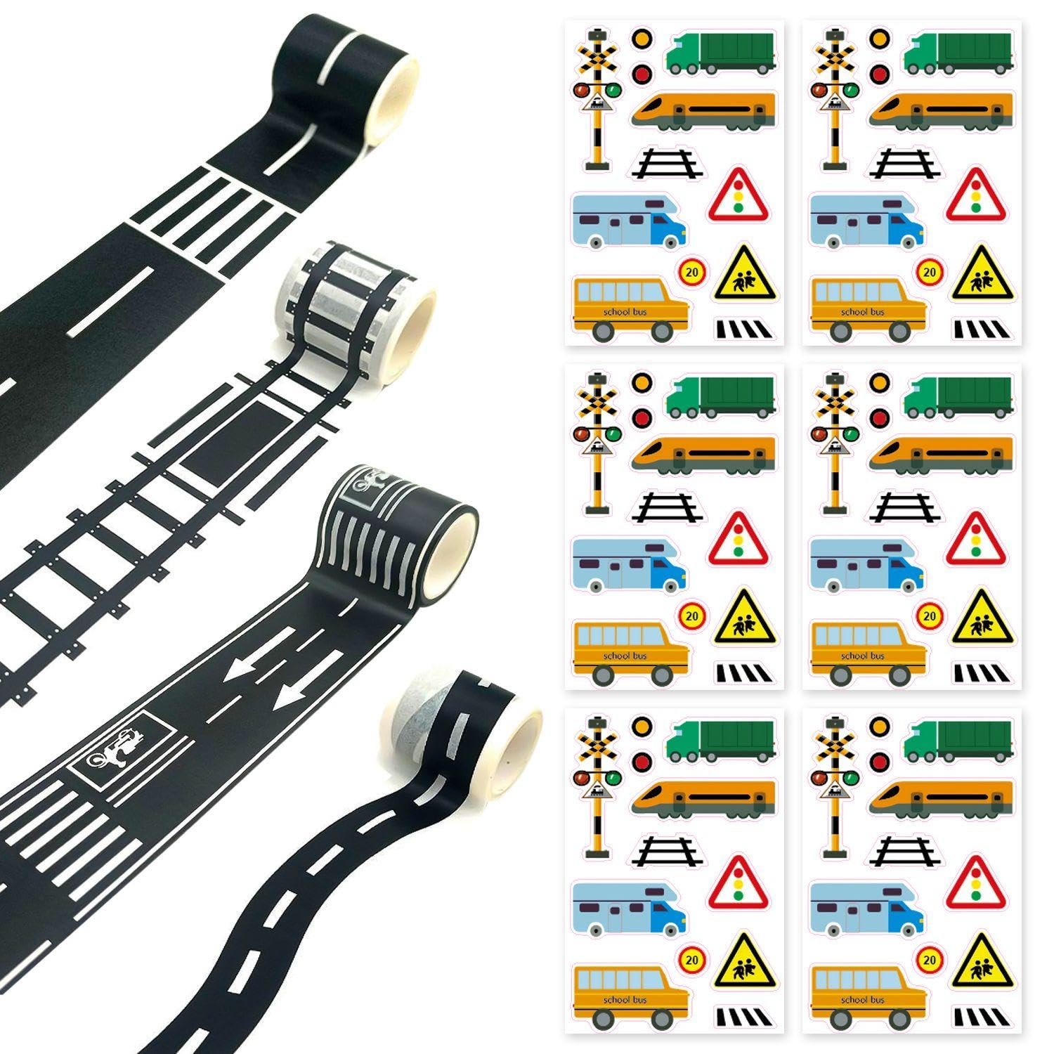 4 Rolls Of Track Highway Tape, 6 Traffic Sign Stickers, Decorative Masking Tape, Parking Scene Stickers, Road Paper Tape