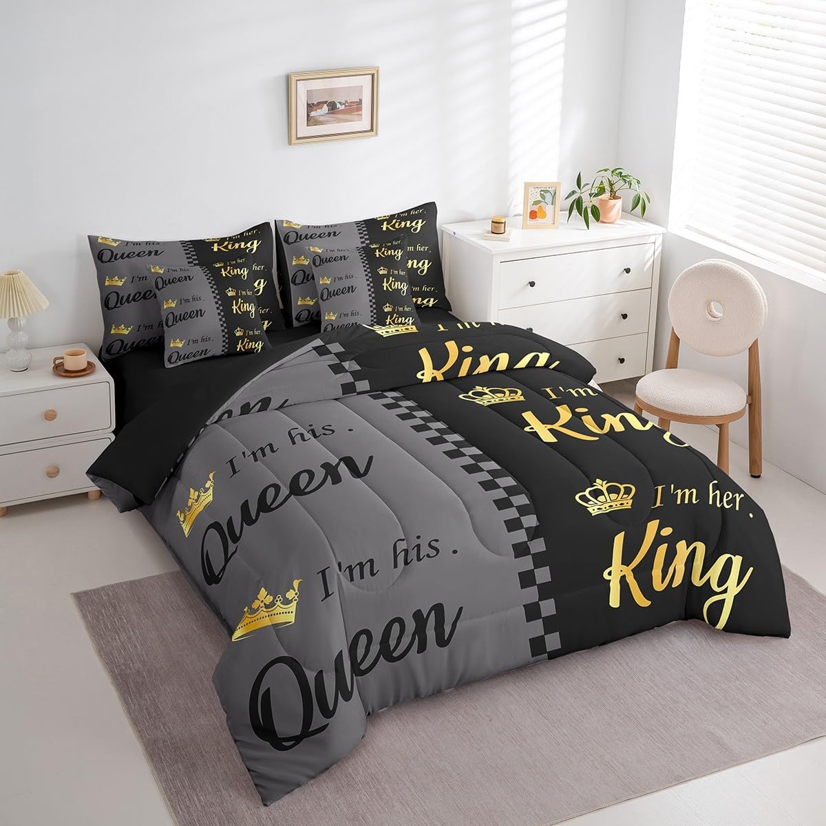 Erosebridal His and Hers 7 Piece Comforter Set Queen King and Queen Crown Bedding Set with Sheets for Couple Men Women Mr Mrs,Valentine's Day Bed in A Bag Gifts,Romantic Love Heart Bed Set