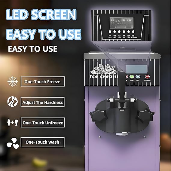 Commercial Ice Cream Machine 450W/750W 5.8-7.9 Gal/H Soft Serve Ice Cream Maker with Auto Clean,LCD Panel, Countertop for Snack Restaurants Bars Silver-750W