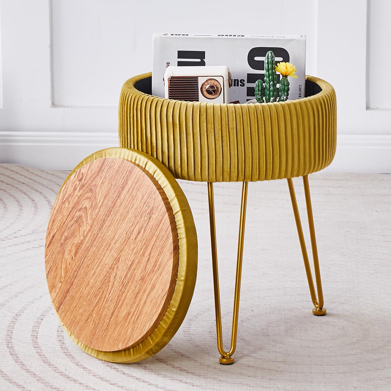 Cpintltr Velvet Foot Rest Stool Multipurpose Dressing Stools Upholstered Round Storage Ottoman Modern Soft Vanity Chair with Memory Foam Seat Yellow