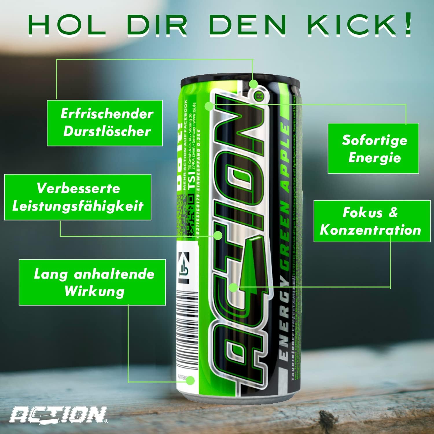 Action Energy Drink Green Apple (48 x 250 ml) incluye depósito – Refresco con sabor a manzana verde – patata energética con mayor contenido de cafeína 31,5 mg/100 ml de cafeína enfoque mejorado