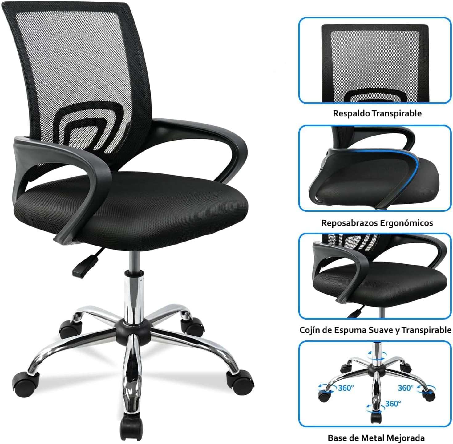 DUPI Silla Oficina Escritorio Riga | Respaldo Ergonómico de Malla | Giratoria 360º con Altura Ajustable | Reposabrazos Cómodos | Estructura de Acero, Negro, Normal, Metal