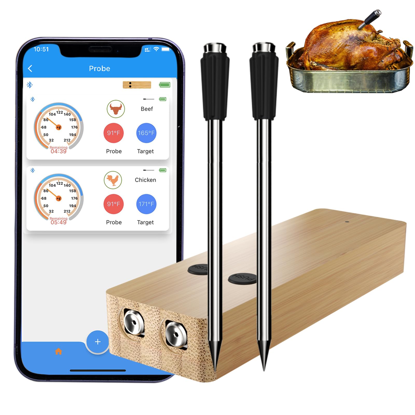 Wireless Meat Thermometer with 2 Thinner Probes for Grilling and Smoking, Smart APP Control Bluetooth 360FT Wireless Digital Cooking Thermometer for BBQ Oven Smoker Stove Rotisserie Sous Vide