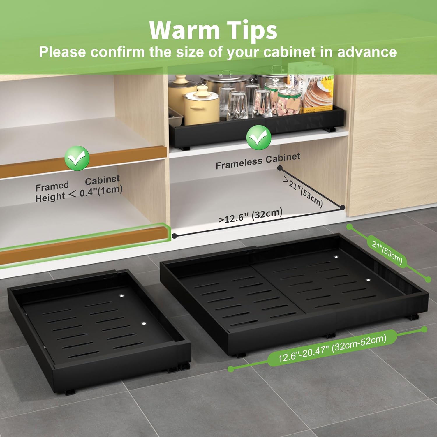 Pull out Cabinet Organizer 2 Pack 21"Depth (12.6"-20.5"Width) Expandable Slide Out Drawers Adjustable Roll out Shelves with 3 Slide Rails Adhesive Nano Film for Kitchen Bathroom Pantry, Black