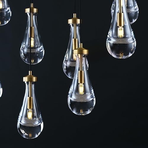 Miniatura 5 de Joyunleo Raindrop - Candelabros de 9 luces para comedor, luces doradas para comedor, lámparas colgantes de latón, isla de cocina, cuerda ajustable
