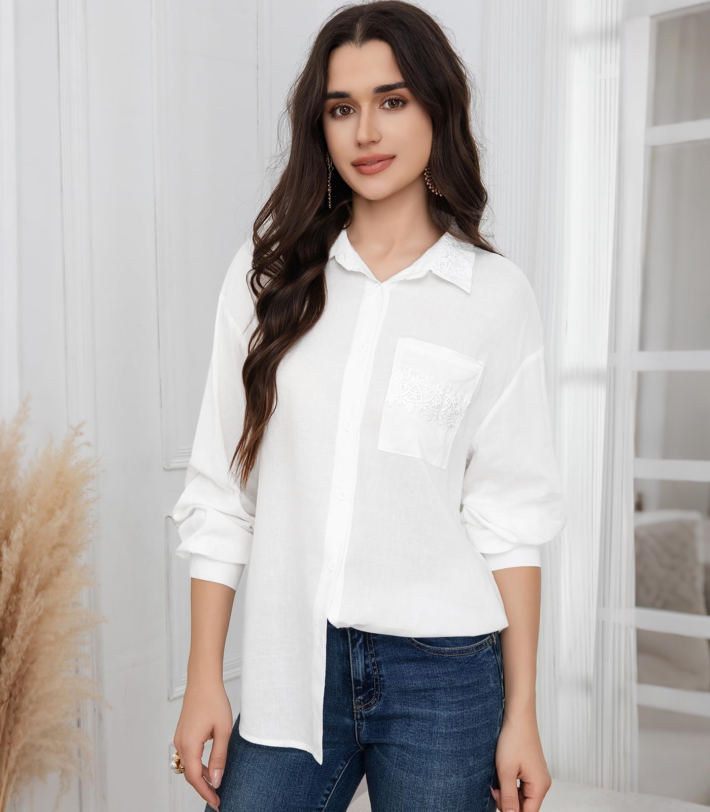 Camicetta da Donna Maniche Lunghe Camicia con Bottoni Blusa Ampia Leggera Manica Raglan Colletto della Camicia Ricamo Floreale Elegante con Taschino Tinta Unita Top Casual