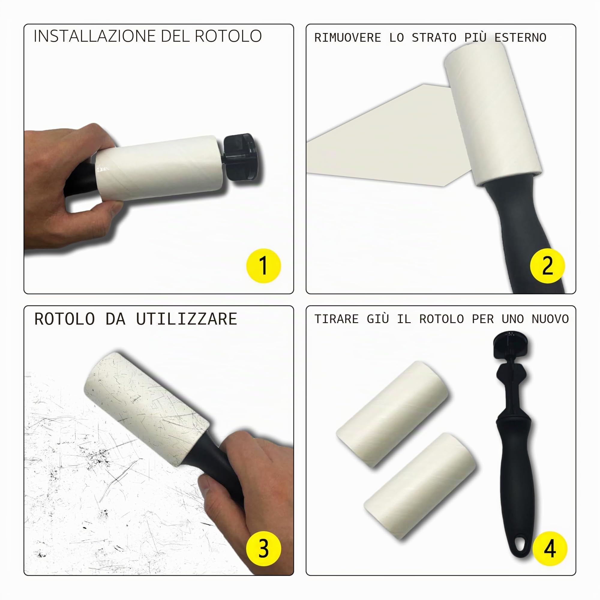 AiTodos® 1200 Rullo Adesivo Peli - 20 Rotoli + 4 Manico Rullo Levapelucchi, Per Rimuovere i Peli da Vestiti, Divani, Peli di Gatto, Peli di Cane e Tappeti (60 Fogli/Rotoli), Rullo peli Animali
