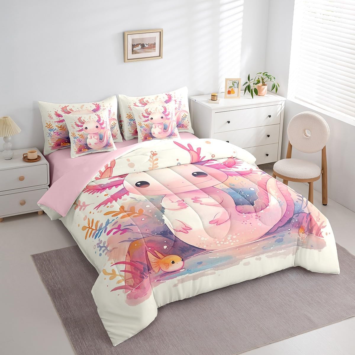 Erosebridal Pink Axolotl Bed in a Bag Twin Comforter Set 7 Piece,Kawaii Cartoon Pink Axolotl Bedding Sets for Kids Boys Girls Ocean Seaweed Coral Sea Life Salamander Sheet Set with Comforter