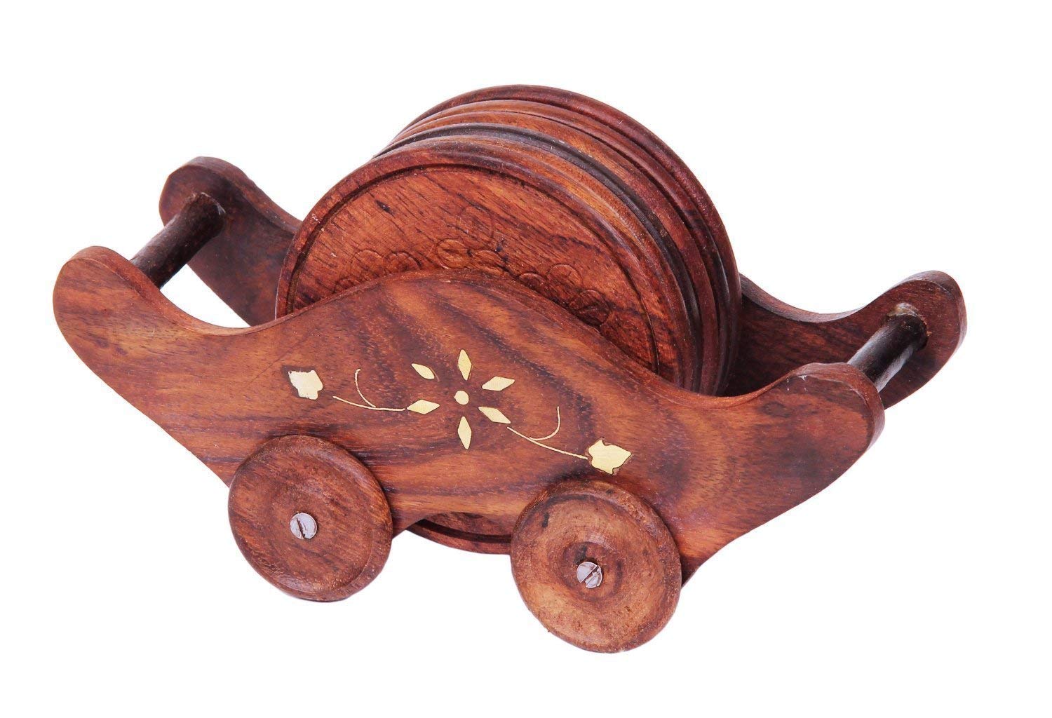 CRAFTER COTTAGE Handmade Wooden Miniature Boat Shaped Tea Coaster Set of 6 Plates on Trolley Cart - Ideal for Coffee, Beer Glasses, or Cups (7x4 Inch)