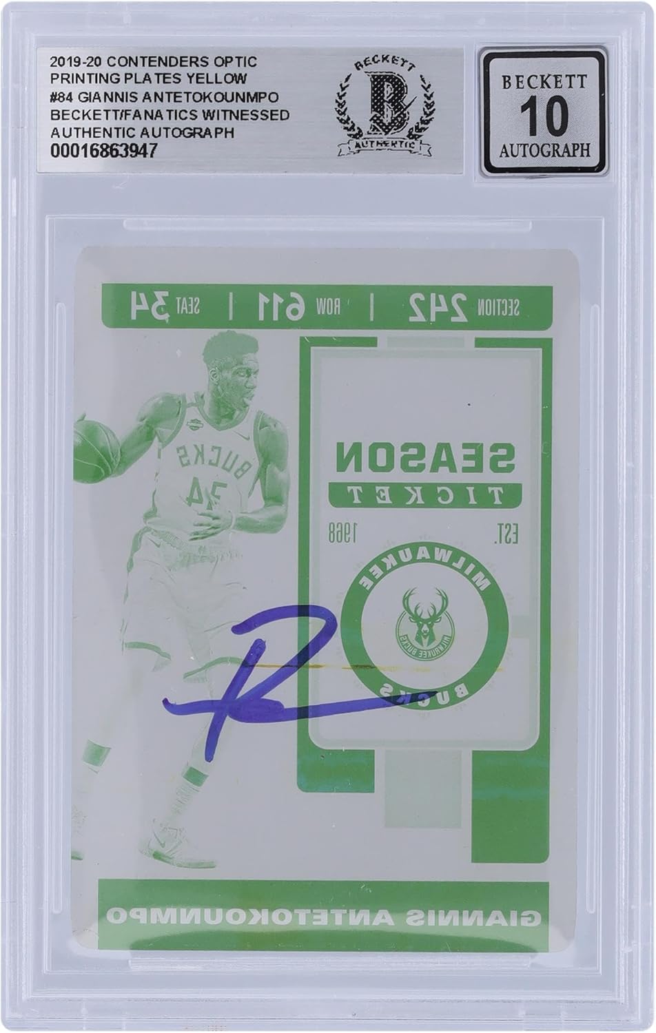Giannis Antetokounmpo Milwaukee Bucks Autographed 2019-20 Panini Contenders Optic Printing Plate #84#1/1 Beckett Fanatics Witnessed Authenticated 10 Card - Basketball Autographed Cards
