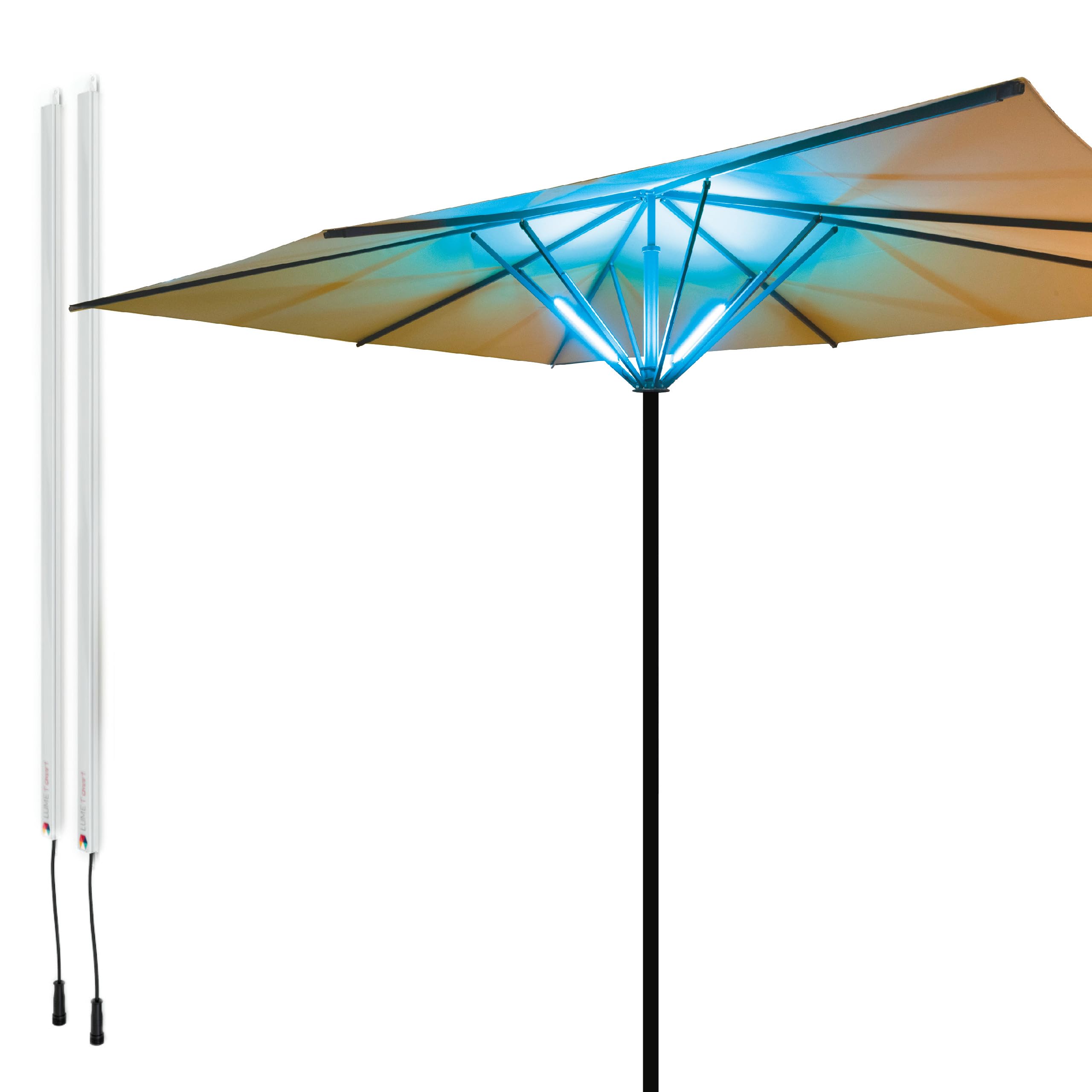 Lume1 Sonnenschirmbeleuchtung mit Fernbedienung, Sonnenschirmleuchter, Lampen für Garten, 2 LED warmweiß Leisten mit 1000 Lumen für angenehme Beleuchtung, Akku enthalten (Smart 2er)