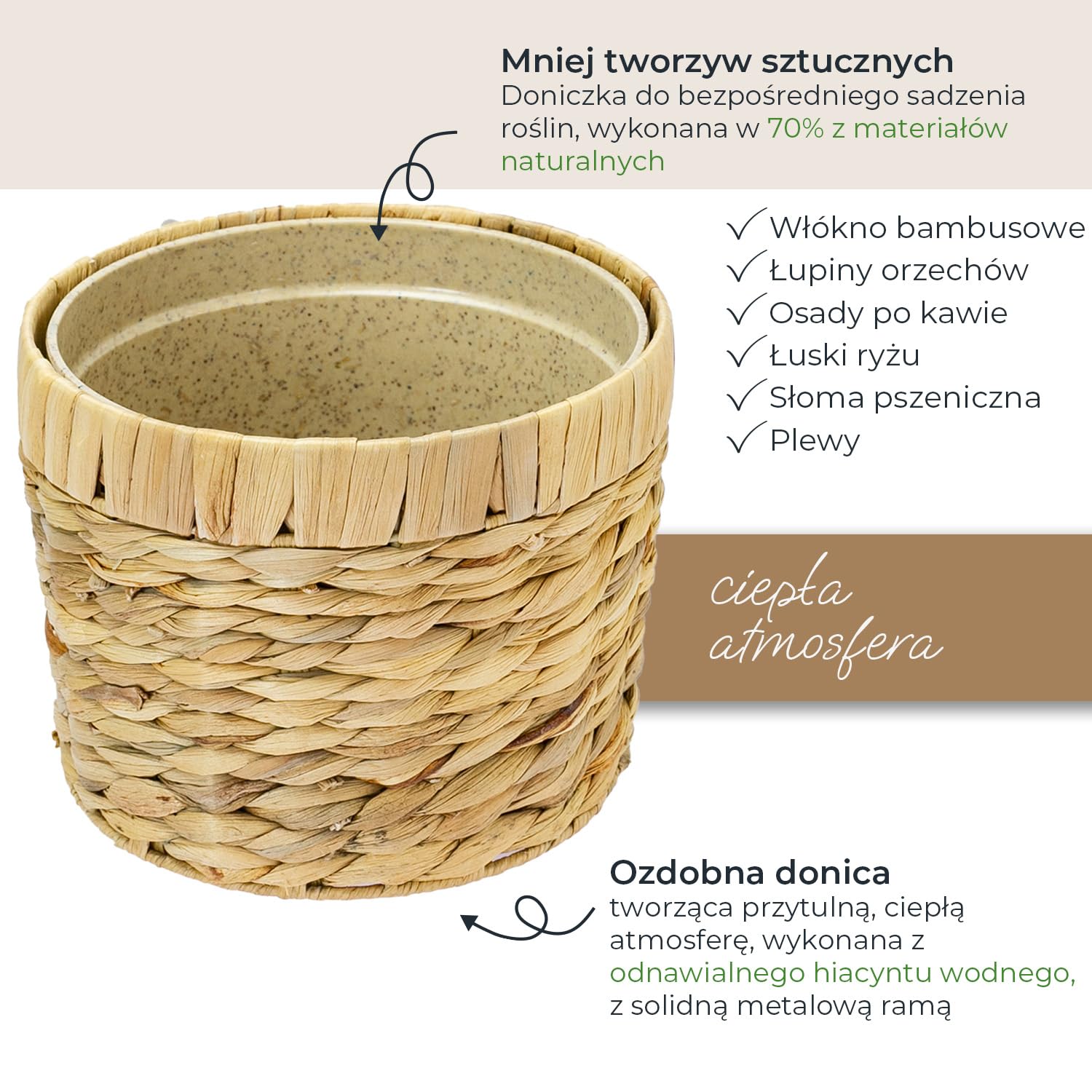 HMF Innowacyjna doniczka pleciona z hiacyntu wodnego, z wkładem z materiałów przyjaznych dla środowiska, okrągła | 19 cm średnicy