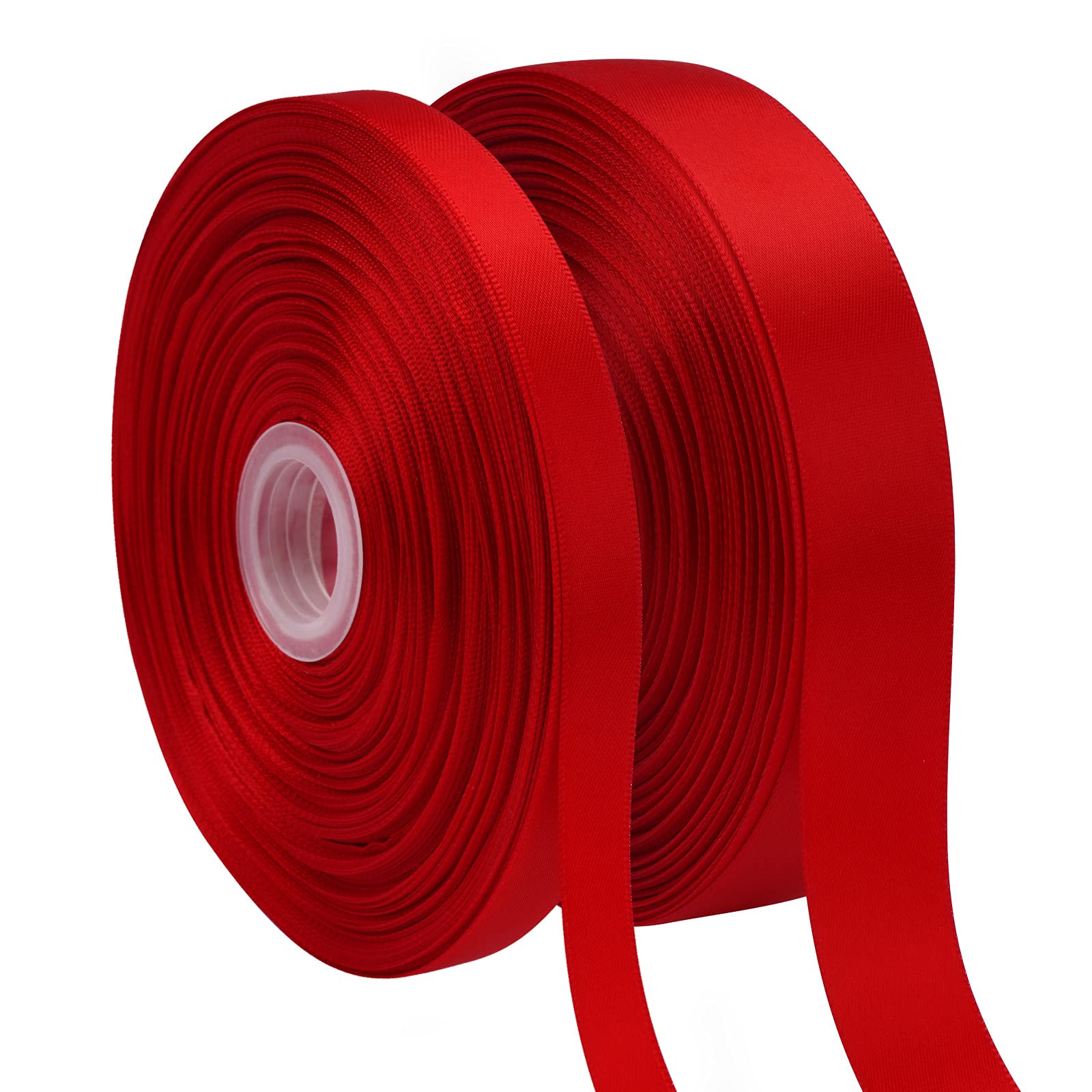 Livememory Red Satin Ribbon - 2 Rolls (15mm X 45m, 25mm X 45m) Double Sided Fabric Ribbons for Crafting, Gift Wrapping, DIY Sewing Project, Bows Making and Cake Decoration