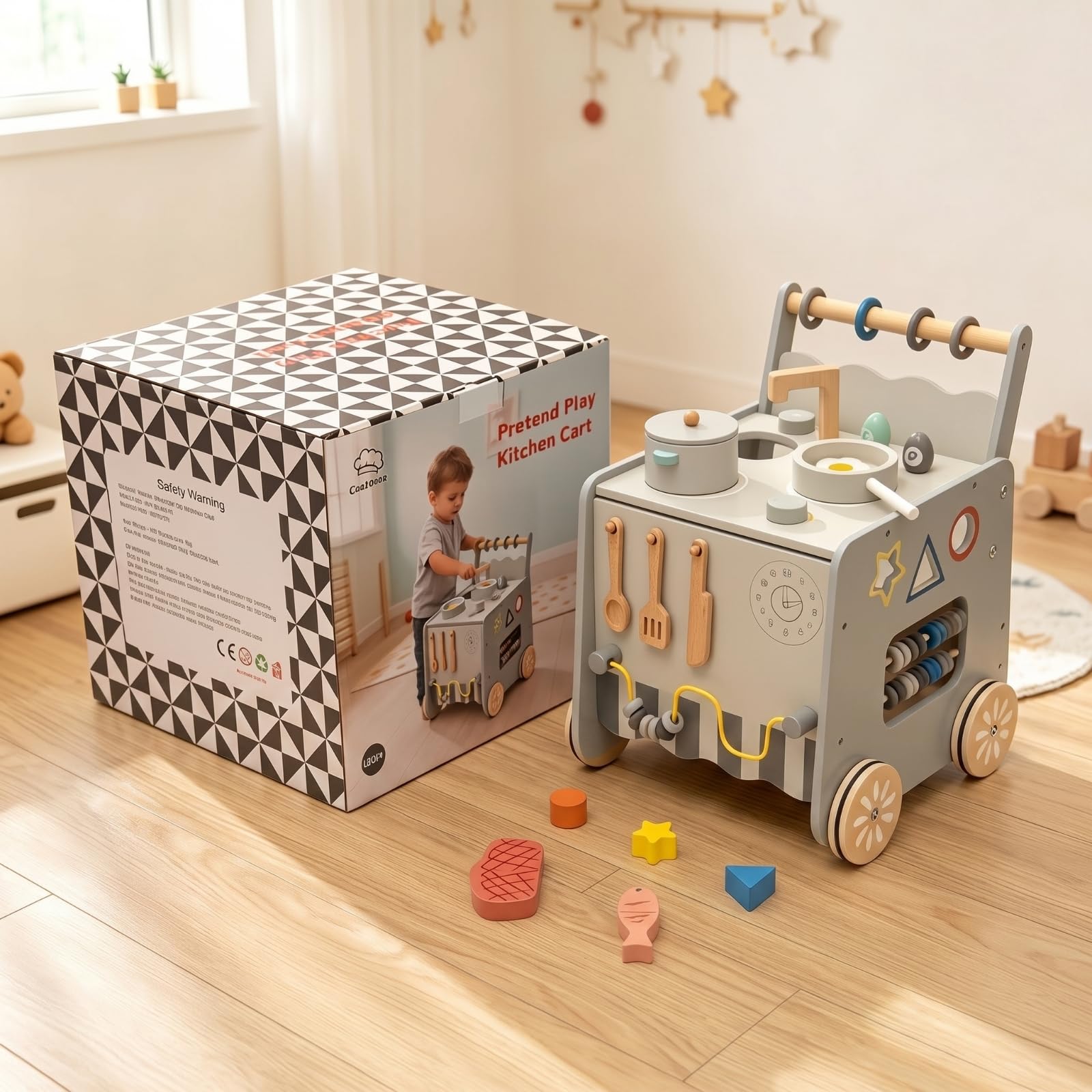Carrello Educativo Bambini Giocattolo Cucina Carrello Attività Carro Spinta Legno Struttura Equilibrata Ganci Appendi Utensili Laterali