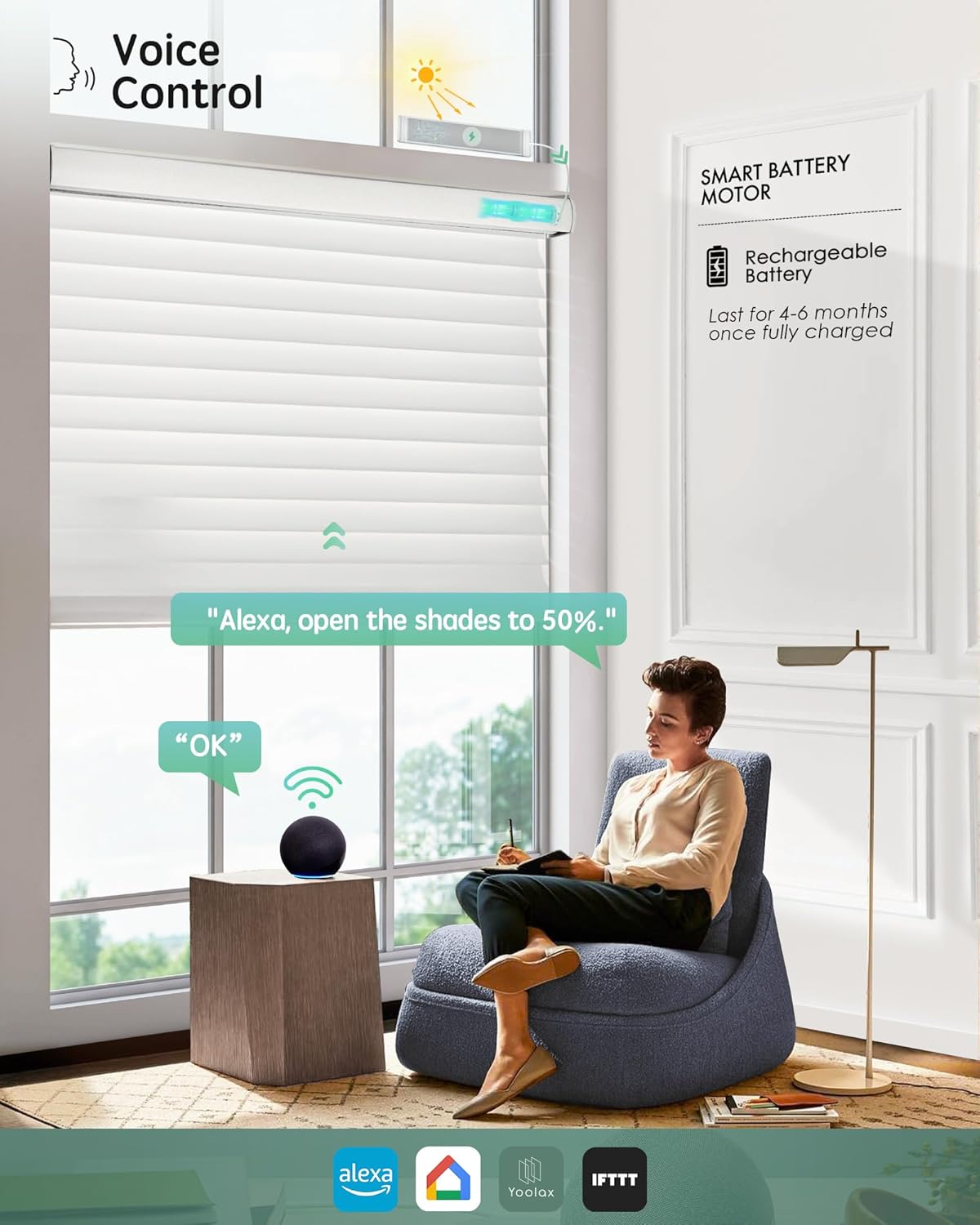Yoolax Smart Horizontal Sheer Shades, Motorized Room Darkening Shades Works with Alexa Google Home Apple HomeKit, Easy Install Automatic Shangri-La Blinds, Custom Size (Twilight Narrow White)