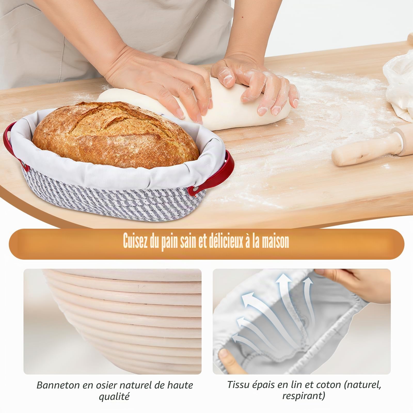 Banneton Pour Pain, Rond et Ovale Banneton, 11 Pièces Kit Pain Au Levain, Avec 2 Paniers De Levain, Couteau à Avec 5 Lames, Brosse, Grattoir Et Housse De Linge, Kit Boulangerie Professionnel