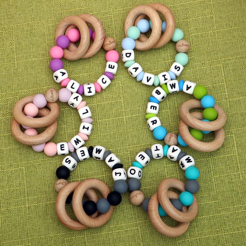Personalized Baby Teether Ring with Name Custom Rattle (Light Pink) image 5