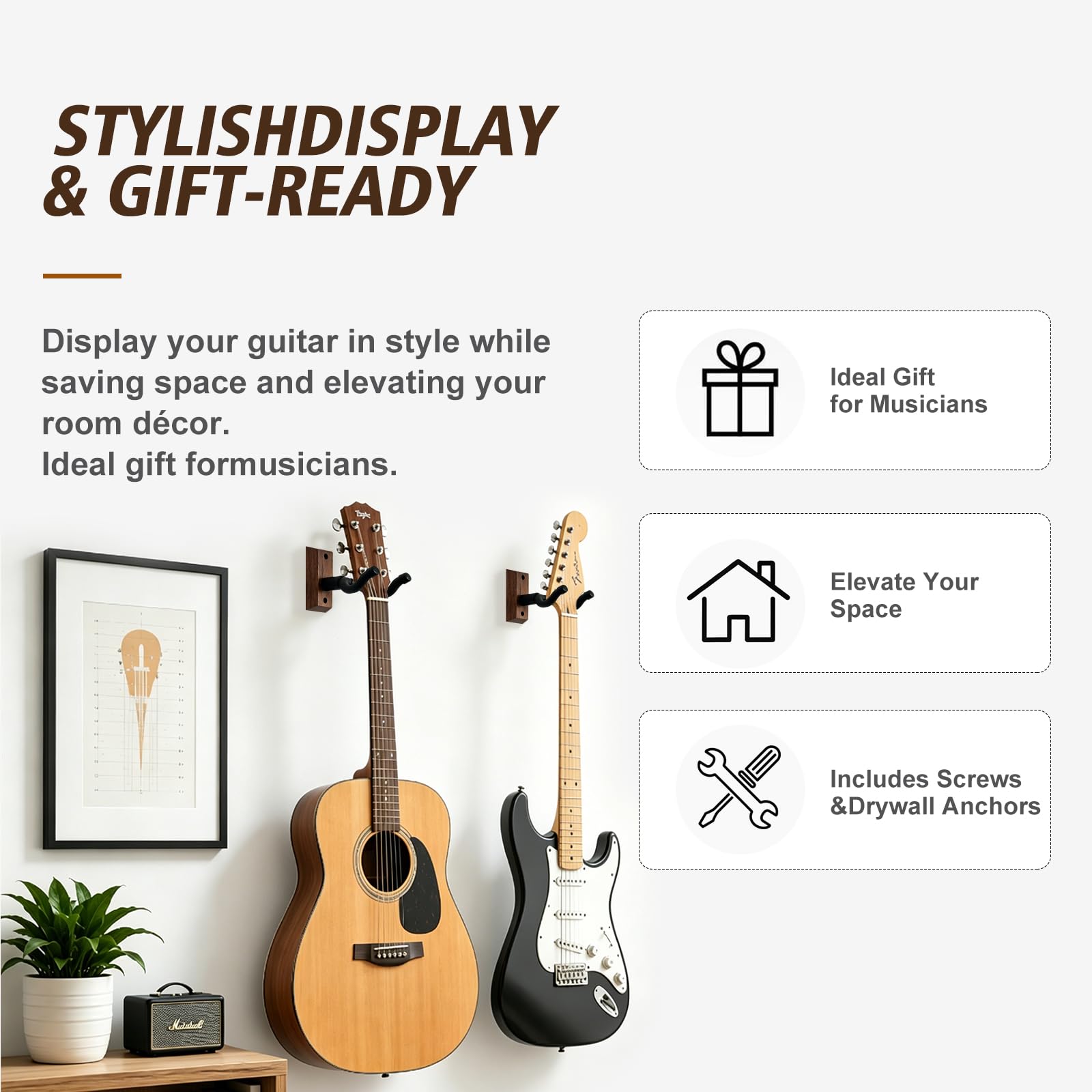 Paquete de 4 soportes de pared para guitarra, ganchos para guitarra, soportes para guitarras acústicas y eléctricas, bajo, banjo, mandolina, base de madera de nogal negro.