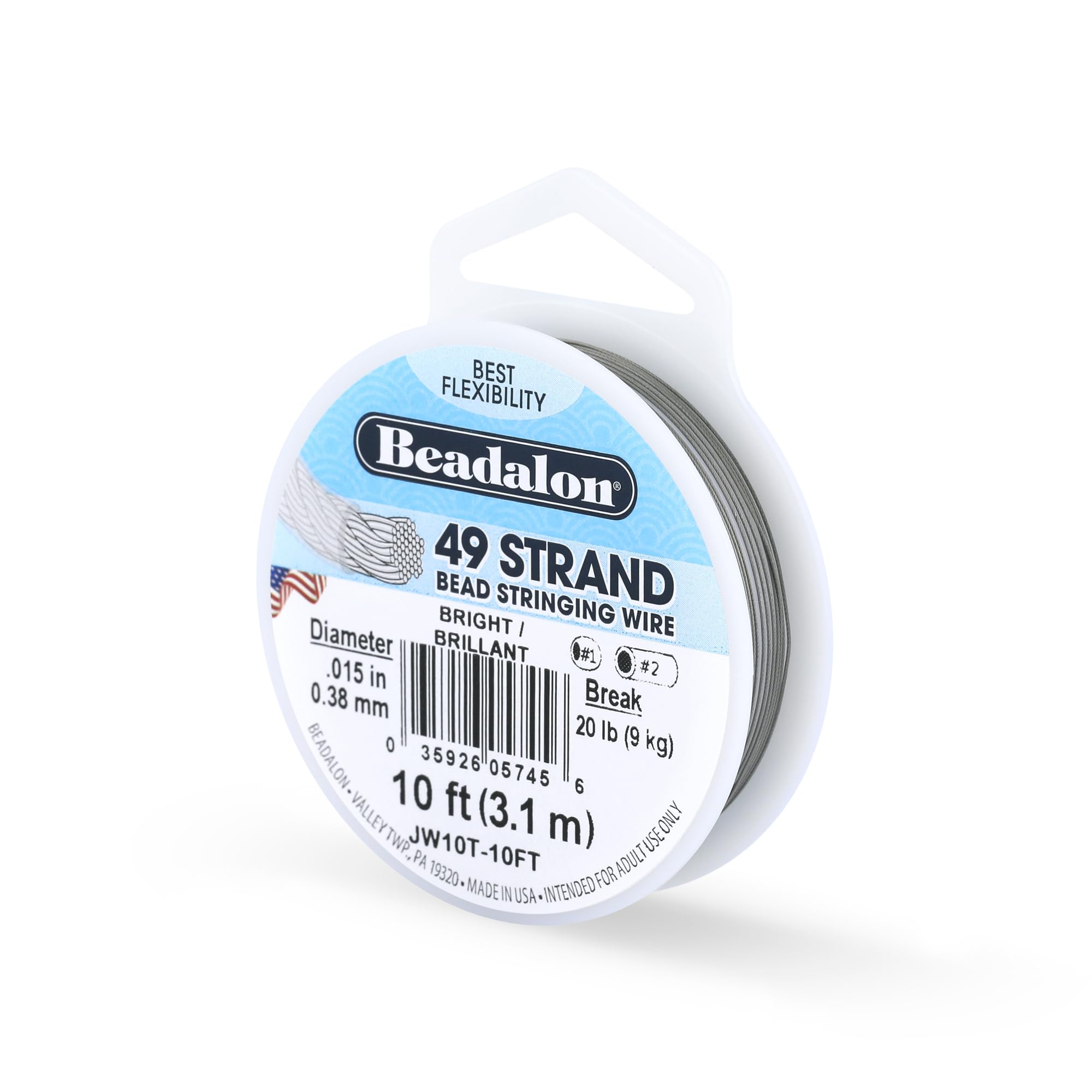 Beadalon 49-Strand 0.015" (0.38 mm) 10 ft (3.05 m) Bright Bead Stringing Wire, 10'