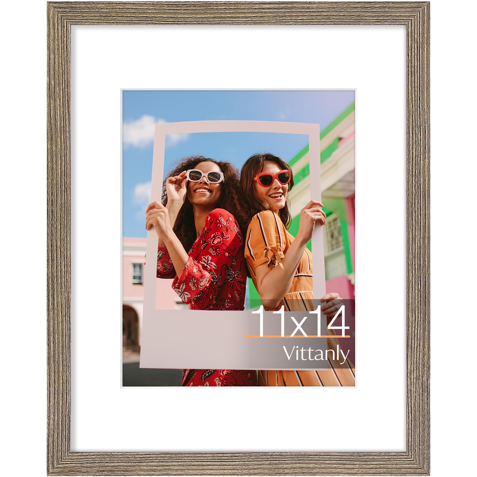 Vittanly 11x14 Picture Frame, Engineered Wood with Shatter Resistant Plexiglass, Display Pictures 8x10 with Mat or 11x14 without Mat, Photo Frame for Wall Mounting, Grayish Brown, 1 Pack — image 1