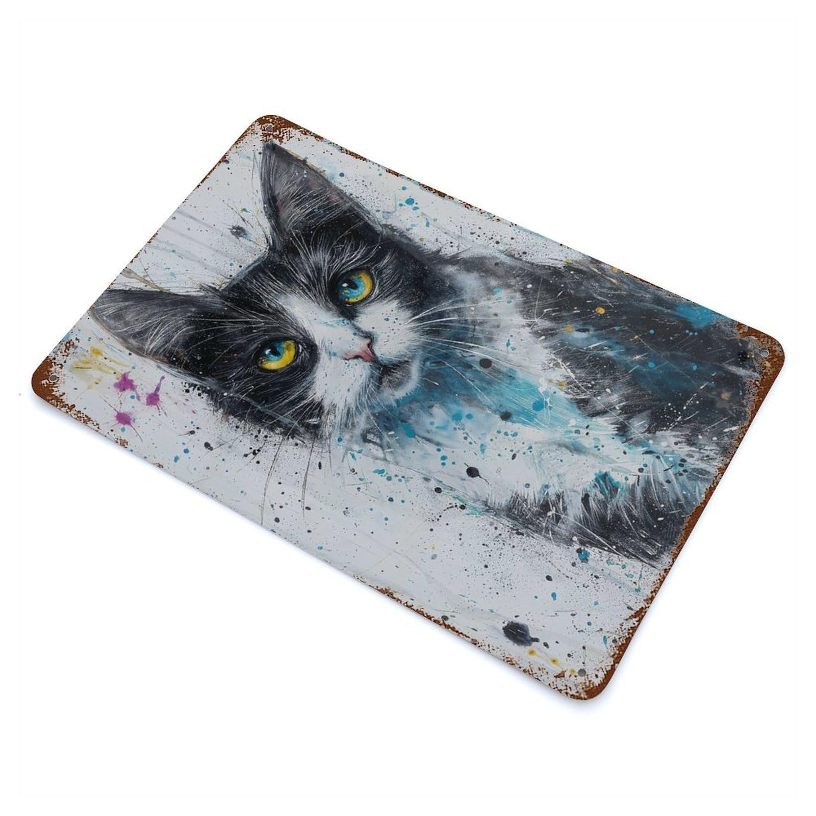 Aged Metal Wall Plaque with Blue Gaze Whisker Design 11.8"x7.9", for Farmhouse, Kitchen And Entryway Decor, Retro Wall Decor
