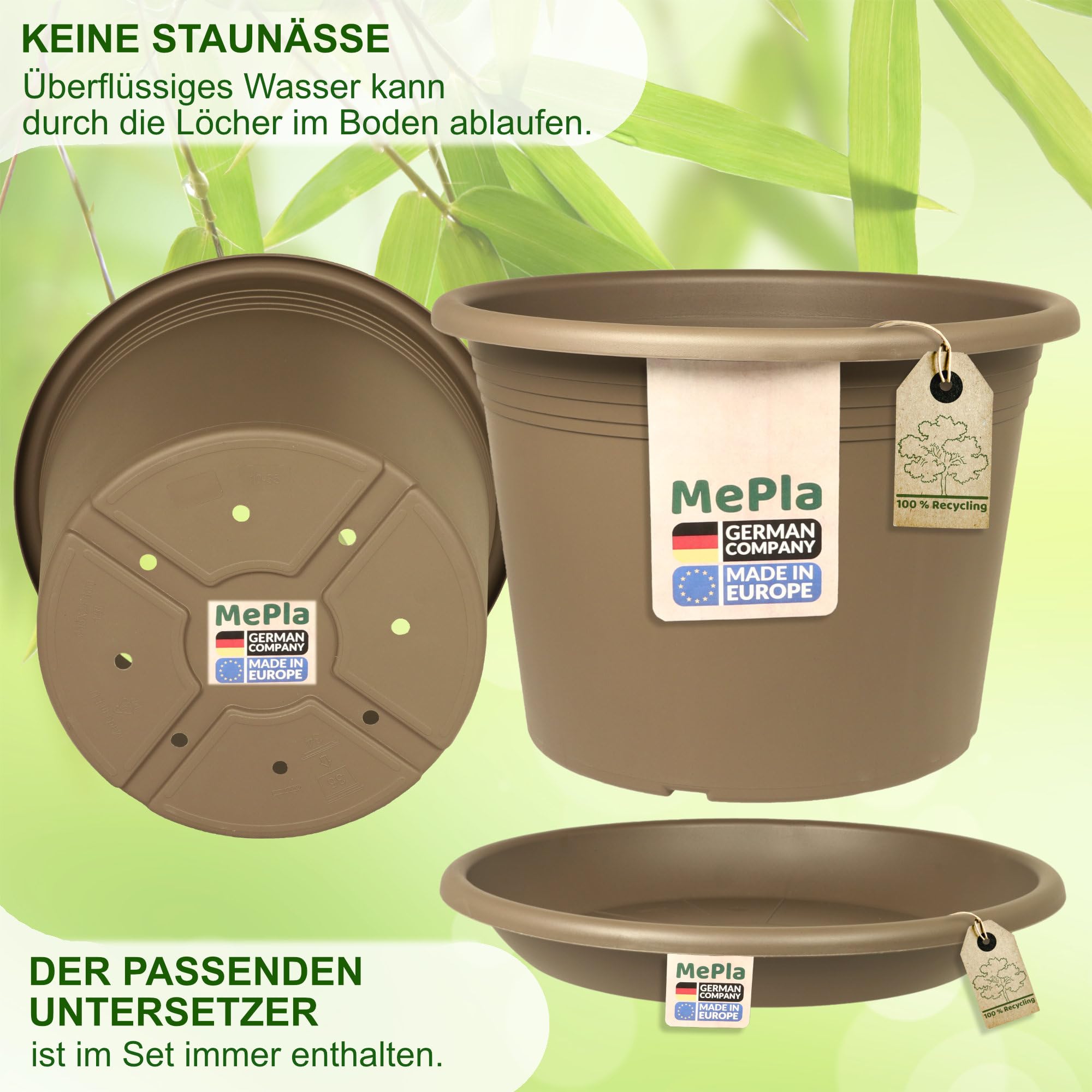 MePla Lot de 3 pots de fleurs Cylindro de 60 cm de diamètre + soucoupe de 58 cm de diamètre, taupe, résistant aux intempéries, en plastique résistant aux UV