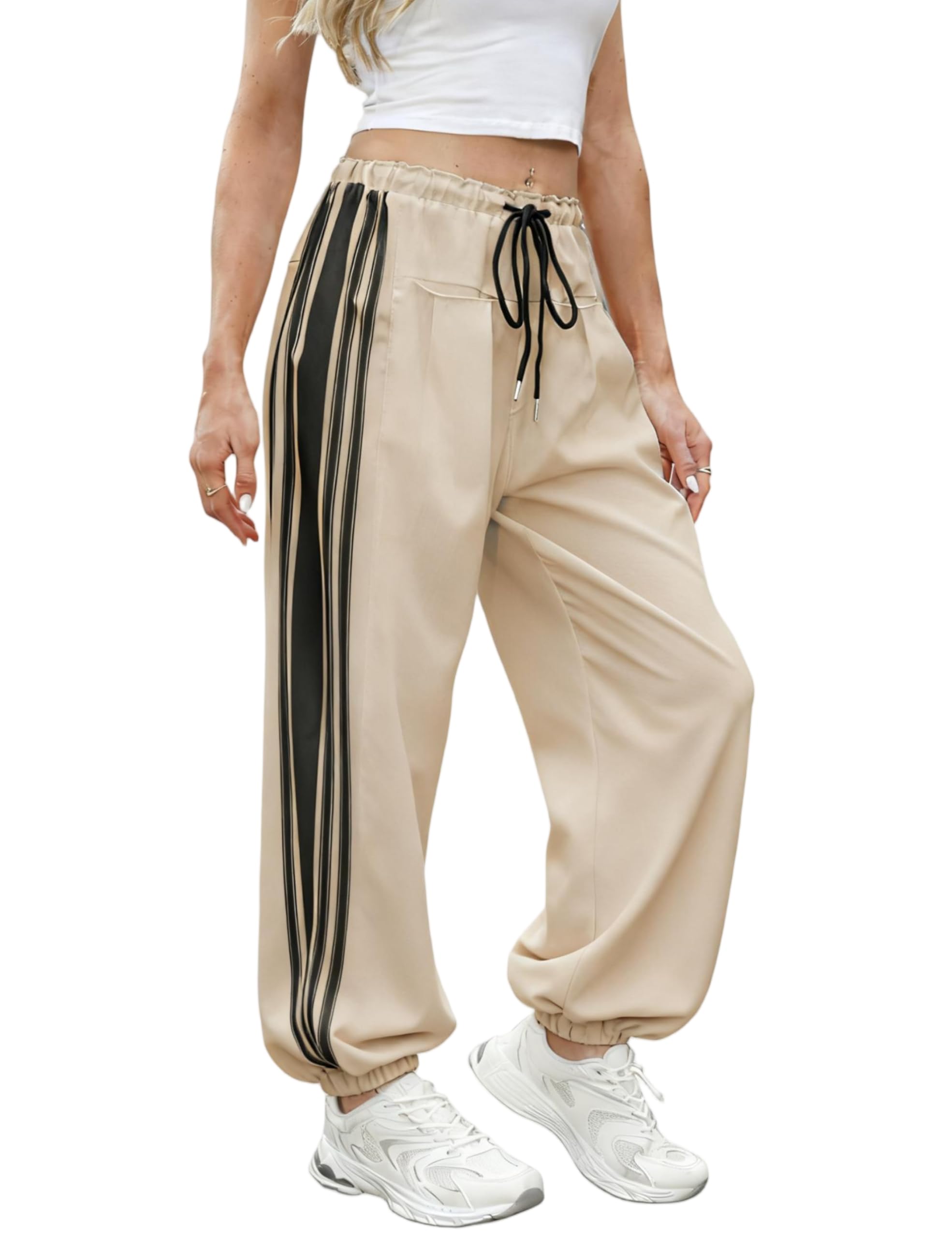 Hongsui Womens Baggy Side Striped Pants Color Block Jogger Pants High Waist Drawstring Harem Pants with Pockets