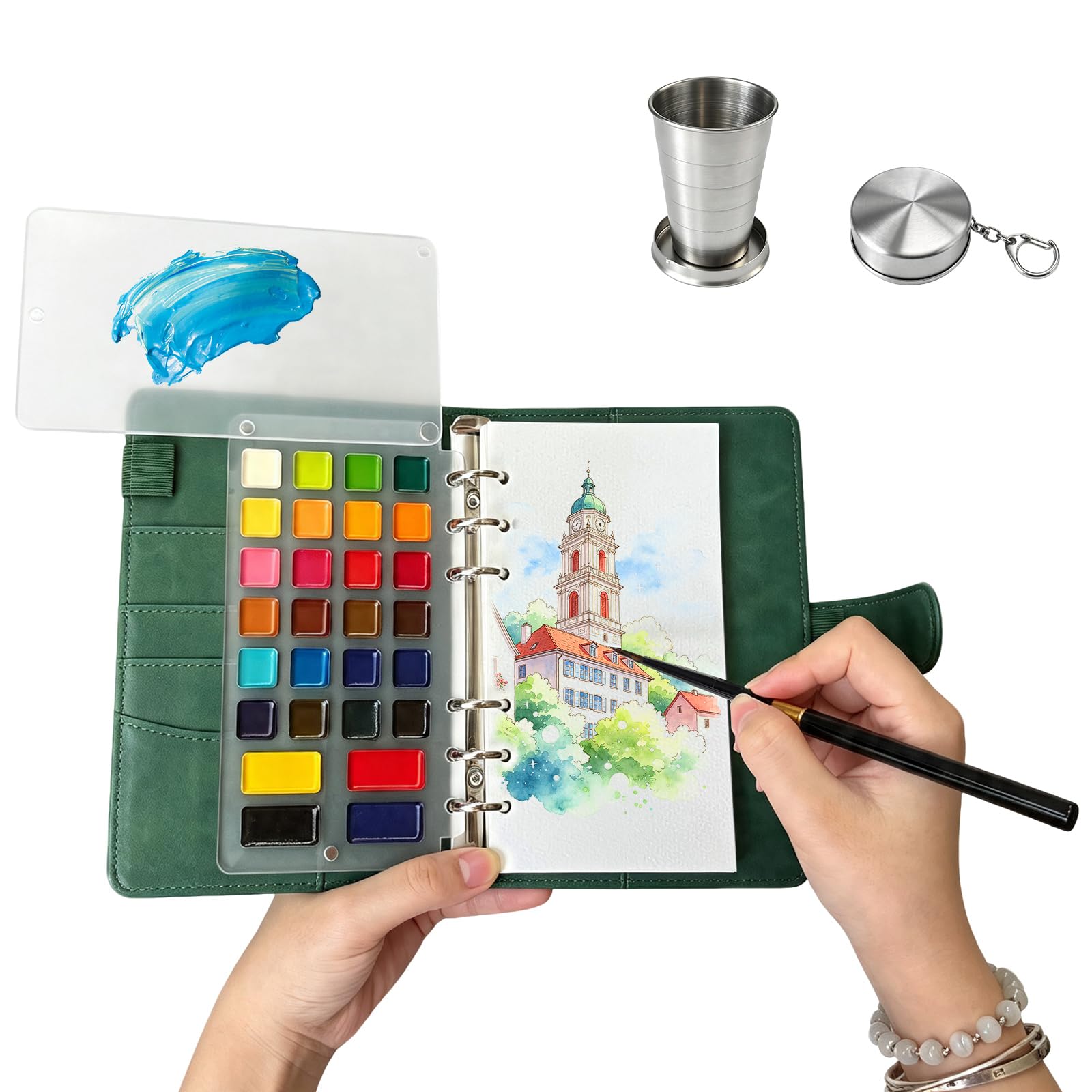 NYFITY Juego de cuaderno de bocetos portátil de acuarela, 28 colores, 7.5 x