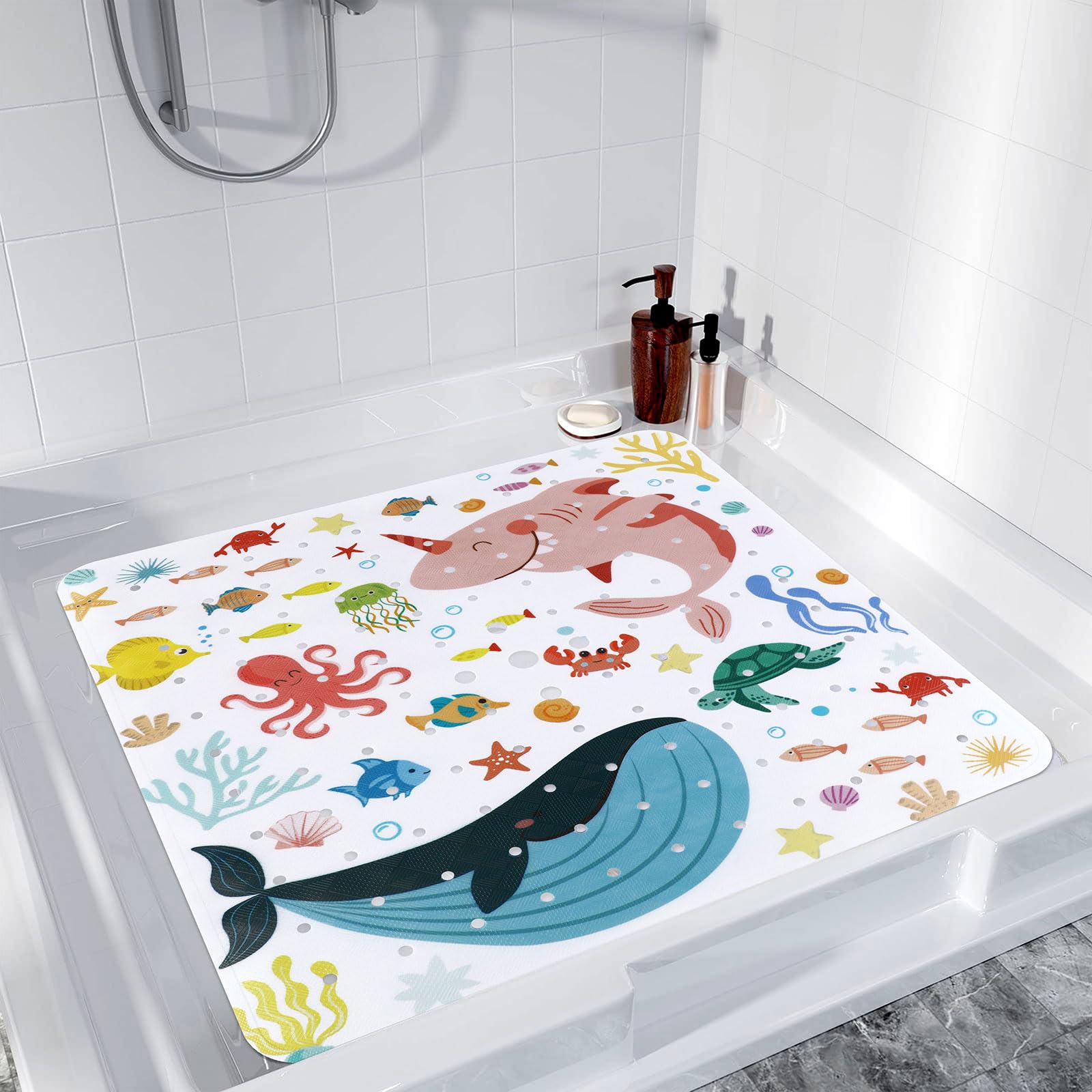 Topotdor Shower Bathtub Mat Non Slip, 21 x 21 Inch Square Shower Stall Mat for Kids & Elderly Shower, Machine Washable Shower Floor Mat with Suction Cups and Drain Holes, Sea Animal