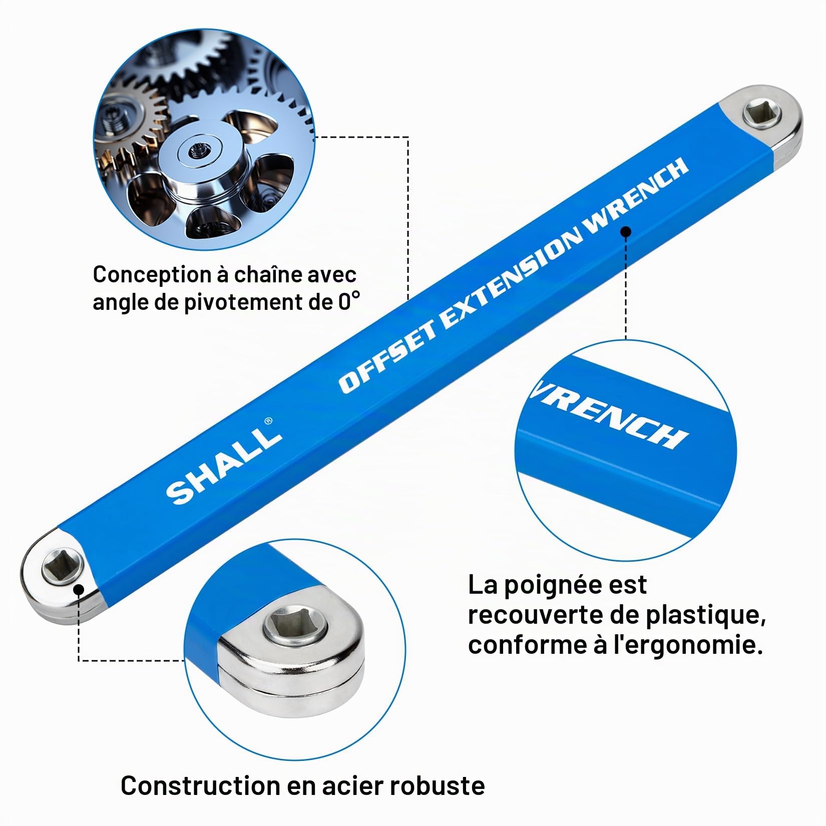 Shall Clé à rallonge décalée - Jeu de clés à rallonge décalées 15,4'' Impact Ready - avec adaptateurs carrés 1/2'', 1/4'' et 3/8'' et 10 embouts universels