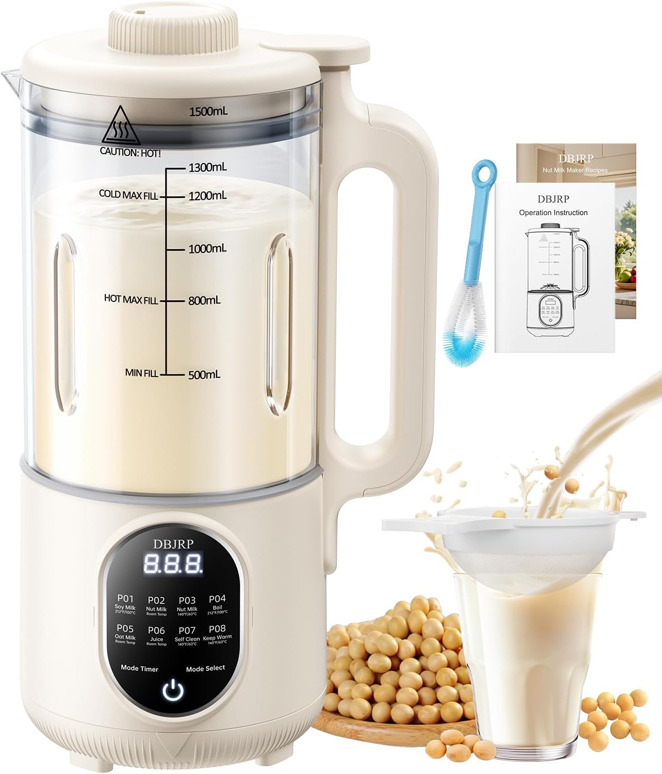 44oz Nut Milk Maker Machine, 8 in 1 Automatic Soy Milk Maker, Homemade Soy, Almond, Oat, Coconut, Plant Based and Non Dairy Beverages, Delay Start/Self-Cleaning with Electronic Cookbook