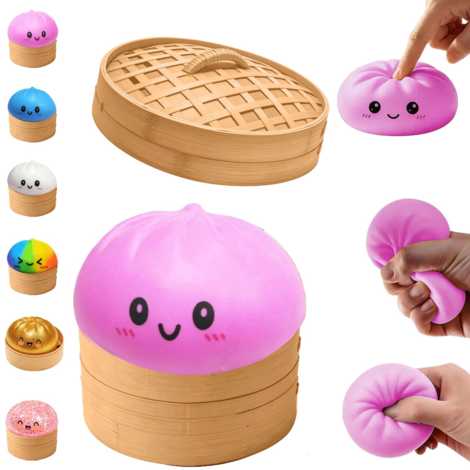 Dumpling Squishy Toy, Big Mystery Dumplings Squishies Box, Cute Bao Bun Fidget Real Office Desk Decor, Soft Sensory Squeeze Ball with Steamer for Anxiety Stress Relief, Surprise Novelty Gift(Pink) — image 1